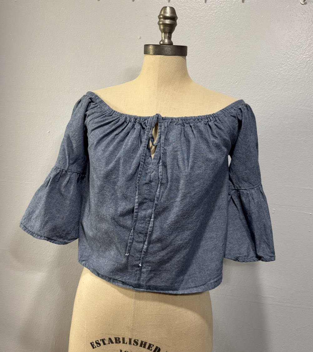 Charlotte Russe Chambray Off The Shoulder Crop Top Size S Blue Bell Sleeve